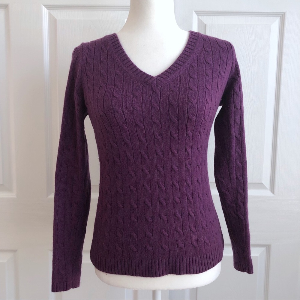 LOFT Purple Cable Knit V Neck Rabbit Sweater